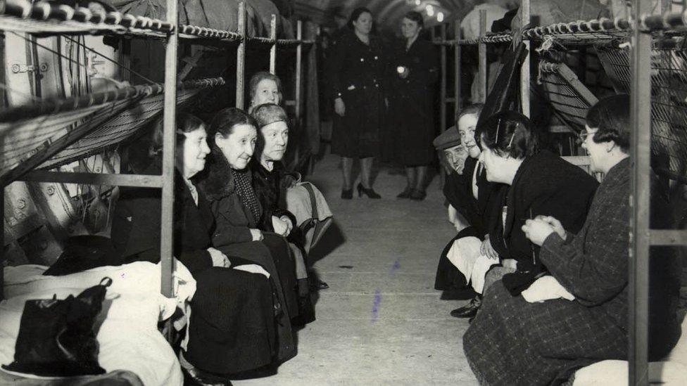 Interior view of unfinished Underground station at Bethnal Green in use as air raid shelter, Spring 1941 - March 1945