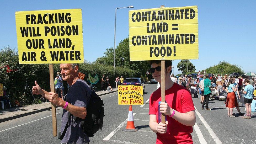 Protestors holding up anti-fracking signs.