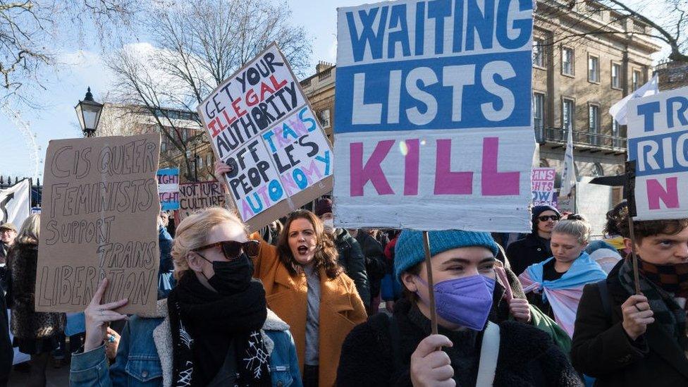 Protest outside Downing Street against the UK government's decision to block gender reform in Scotland