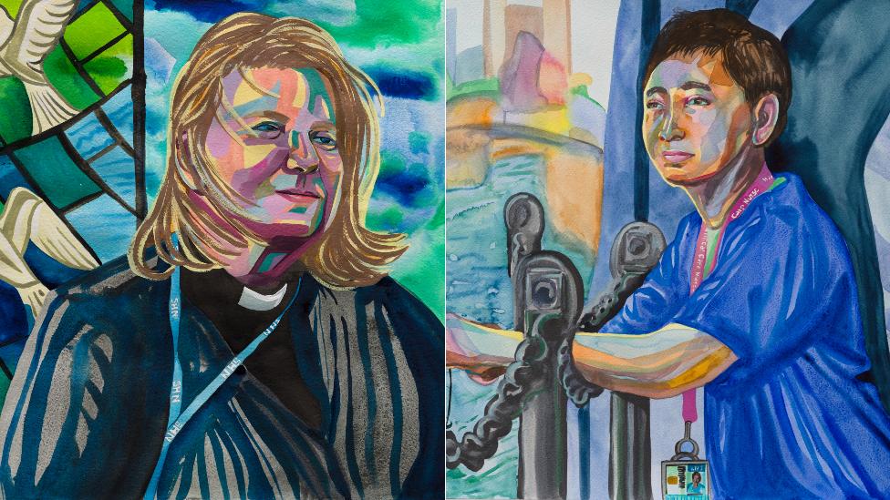 Reverend Jackie, Hospital Chaplain, 2020 (detail) and Shari, Intensive Care Nurse, 2020 (detail)