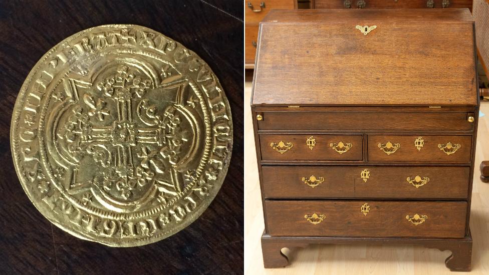 The 14th Century gold coin was discovered inside one of three secret drawers in a wooden bureau