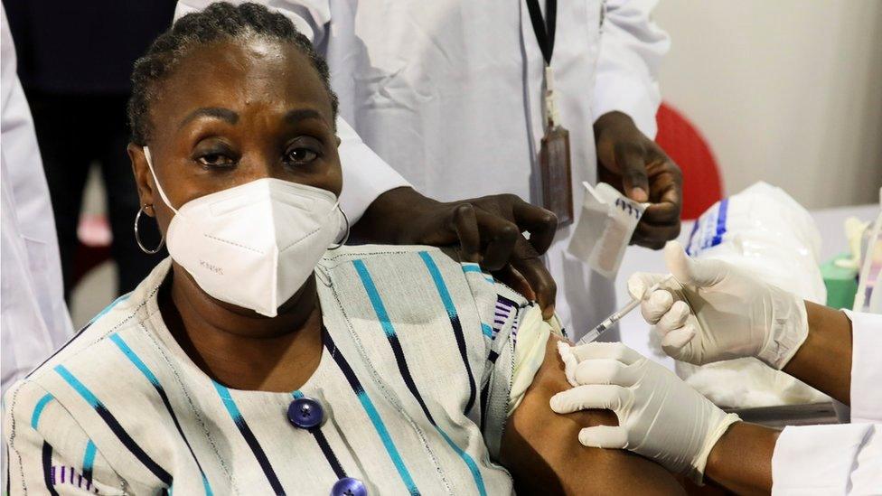 Raymonde Goudou Coffie, Ivory Coast's culture minister, receives a vaccination in Abidjan, Ivory Coast, 1 March 2021