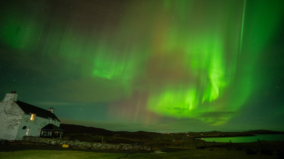 Vibrant green colours of the aurora filling the whole sky