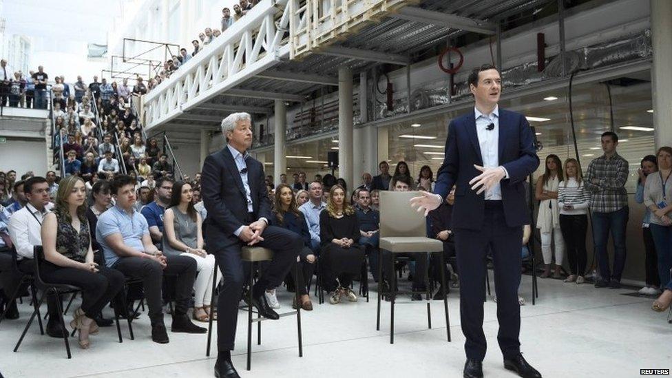 George Osborne addressing JP Morgan staff alongside its chief executive Jamie Dimon