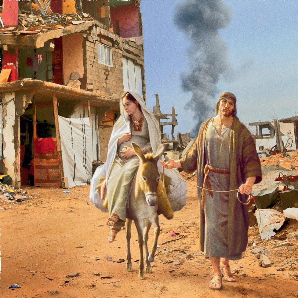 Mary and Joseph trying to escape destruction