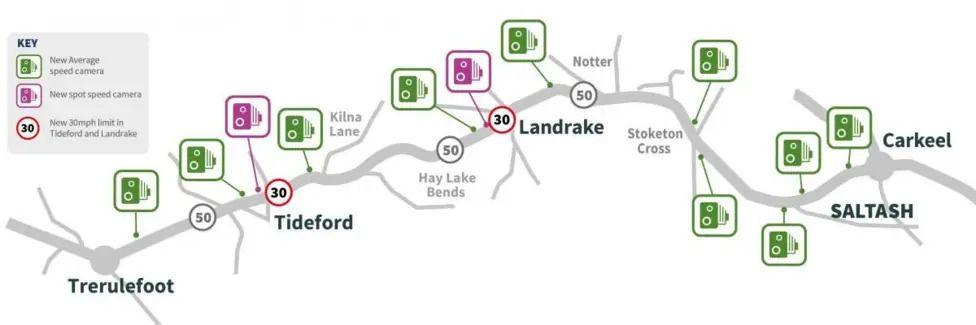 A graphic map showing the road in question from Saltash to Trerulefoot. There a number of symbols showing speed cameras in green and purple. Green showing average speed cameras, purple showing spot speed cameras. There is also road signs showing the speed limit along the road changing from 30 to 50. 