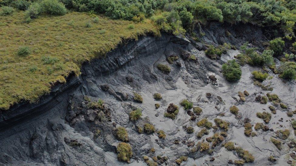 Permafrost thaw near the Bering Sea village of Unalakleet, Alaska in 2021