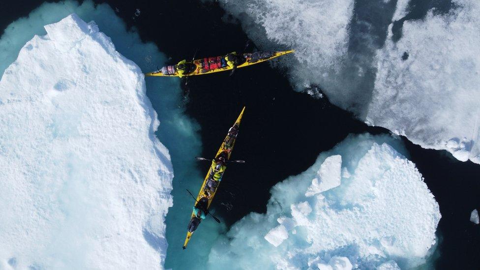 Drone shot of kayakers