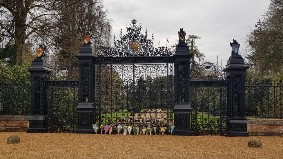 Flowers at the Norwich Gates at Sandringham Estate following the duke's death