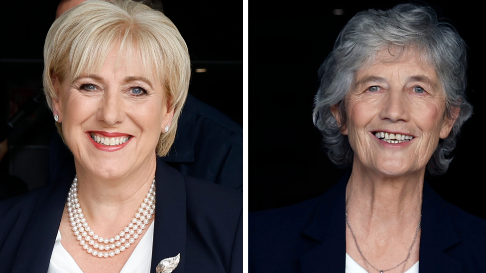 A composite photo of Heather Humpreys, she has light hair and is wearing a navy blazer with white top and necklace, and Catherine Connolly, she has grey hair and is wearing a navy blazer with white top and necklace