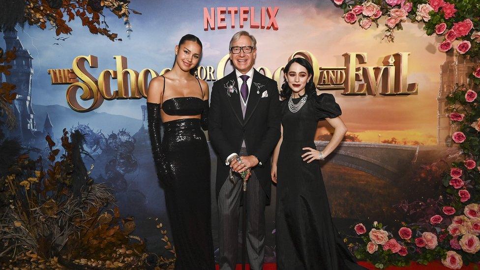 Sofia Wylie, Paul Feig and Sophia Anne Caruso at the London screening of Netflix's "The School for Good and Evil"