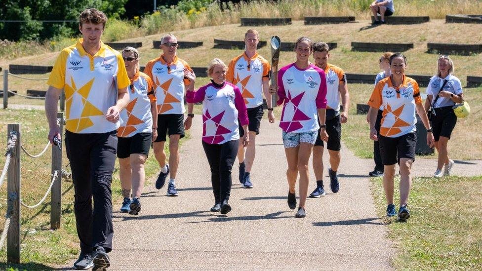 Mallory Franklin takes part in The Queen's Baton Relay as it visits Lee Valley Water park as part of the Birmingham 2022 Queens Baton Relay on July 8, 2022 in Waltham Cross