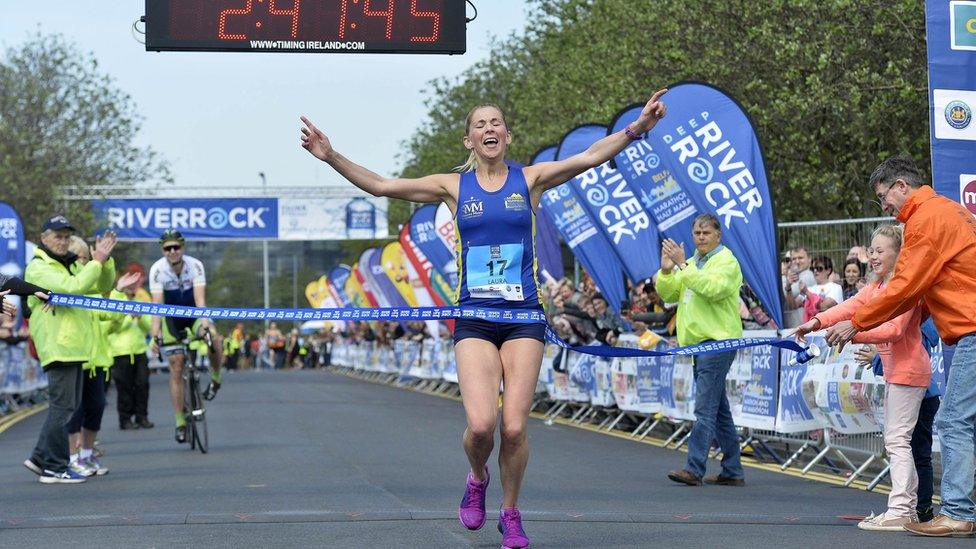 Kilkeel woman Laura Graham crosses the finish line, Belfast City Marathon, 1 May 2017