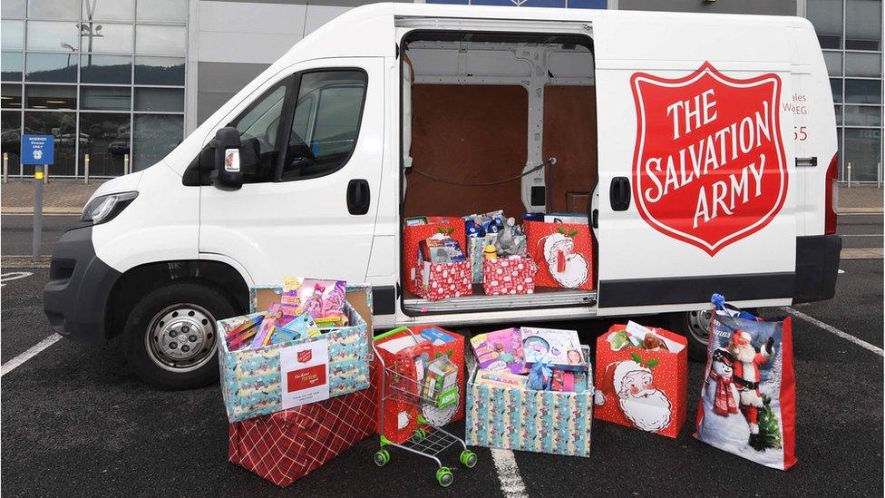 gifts outside Salvation Army van