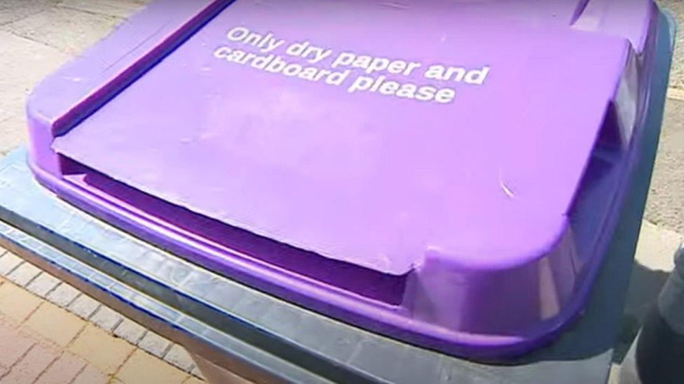 Bin with purple lid