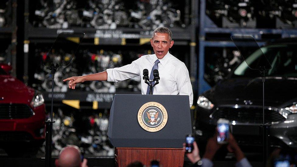 Barack Obama speaks at the Ford Michigan Assembly Plant in Wayne, Michigan, in January 2015