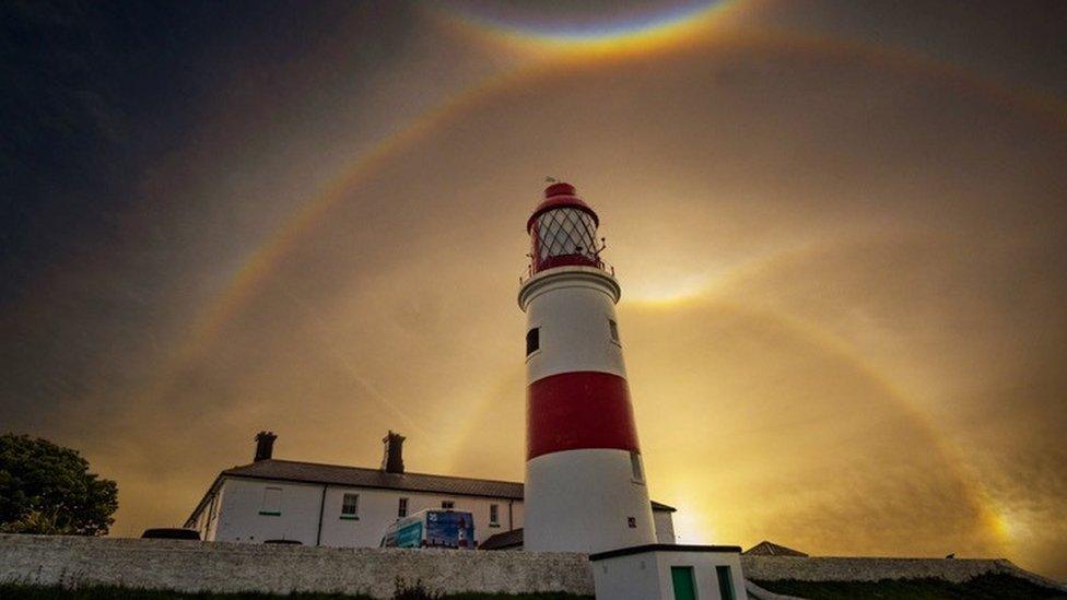 A combination of sun halos and circumzenithal arcs over Souter Point lighthouse in South Shields