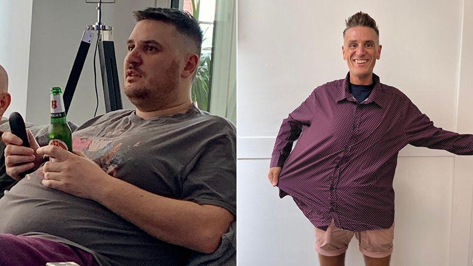 Two pictures of the same man. On the left, he has a large stomach, and he is sitting down with a TV remote in one hand and a bottle of beer in the other. On the right, he has lost a lot of weight, and he is standing up and wearing one of his old shirts to show how much thinner he has become.