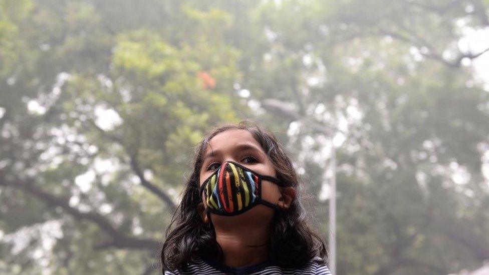 A young Indian protester wearing a protective mask takes part in a rally urging immediate action to curb air pollution in New Delhi on November 6, 2016.