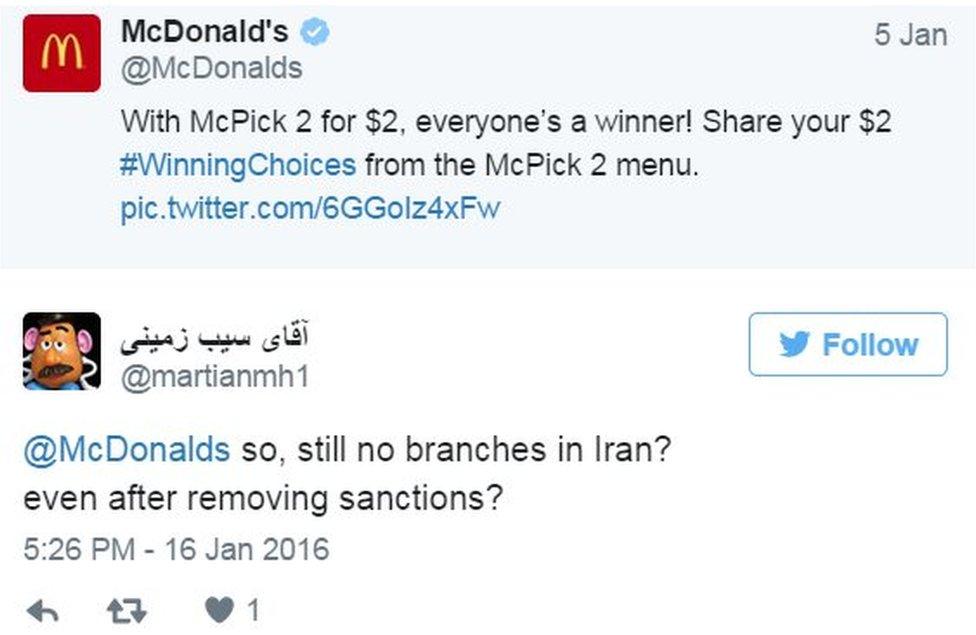 Tweet asking McDonalds if they are opening a Tehran branch - 16 January 2016