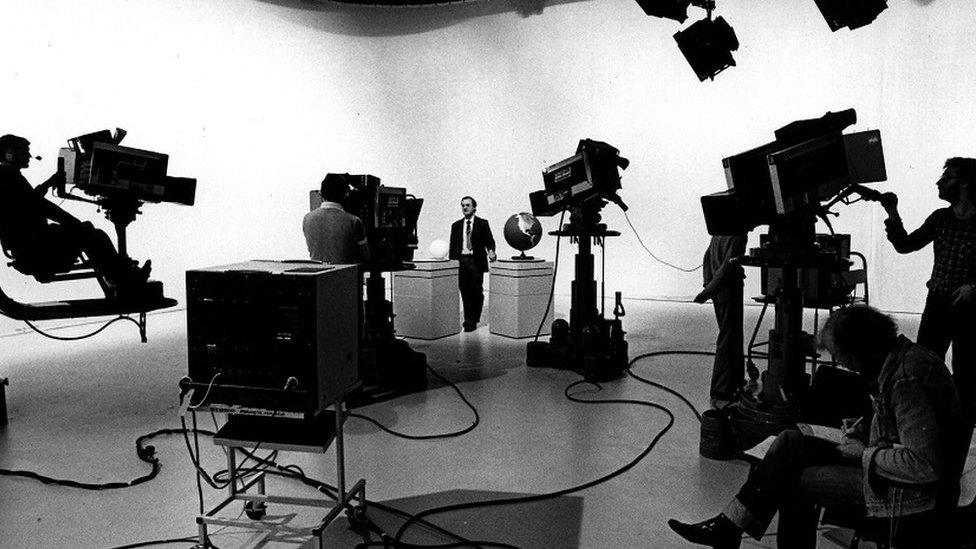 A behind-the-scenes shot of an early joint OU and BBC broadcast.