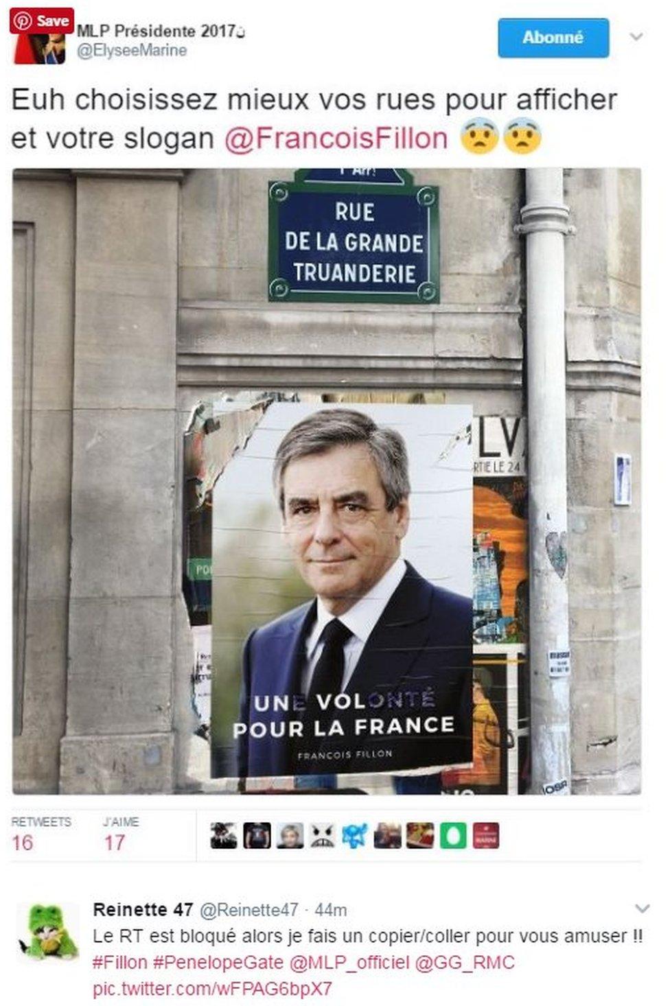 A defaced campaign poster - originally said 'Une volonte pour la France' but it's been defaced and reads 'Un vol pour la France' - ie from 'desire' to 'theft'