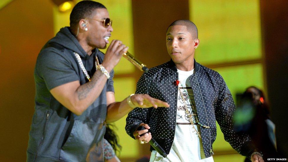 Nell and Pharrell Williams perform at the NBA All-Star game in 2014 in New Orleans, Louisiana.