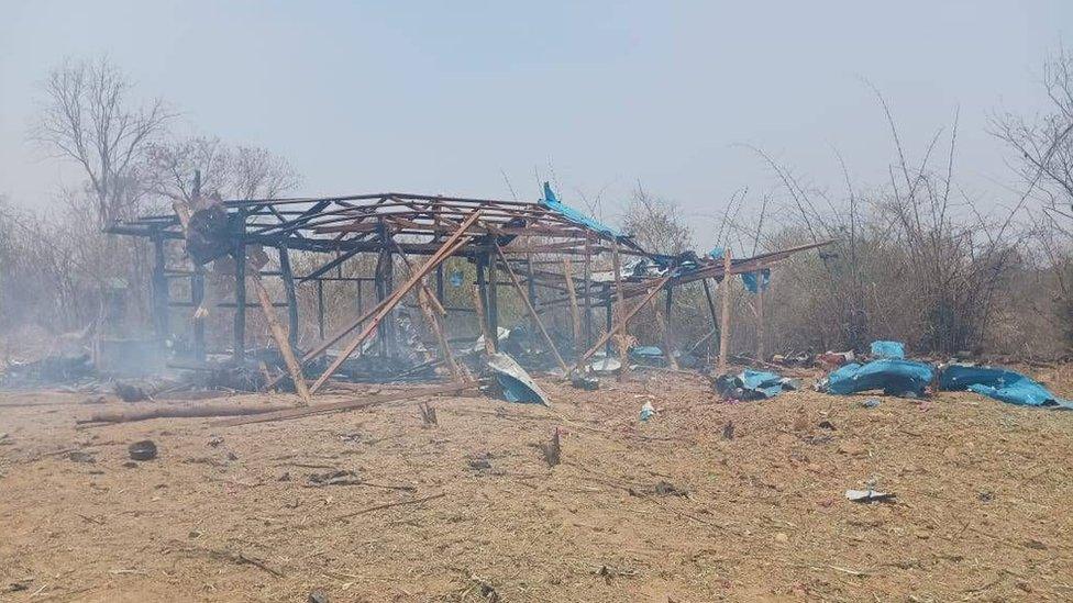 Burnt remains of a civilian structure in Myanmar's Pa Zi Gyi village after an air strike in April 2023