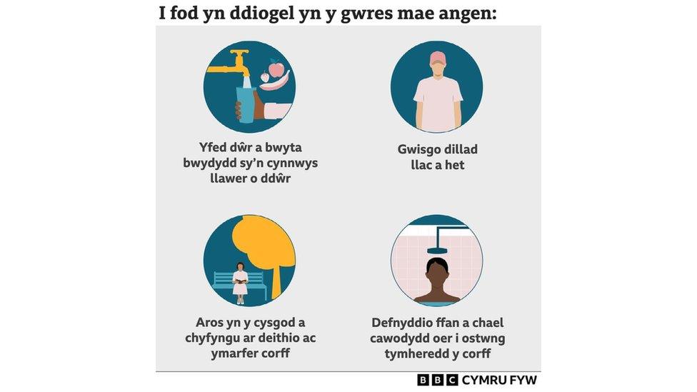 Graffeg yn nodi ffyrdd o aros yn ddiogel yn y gwres