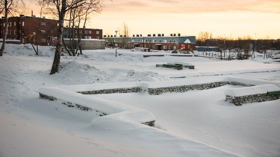 Snow-covered foundations of a building