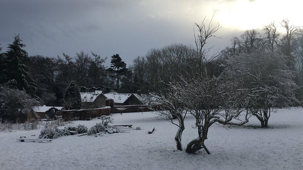 Snow in the garden and on the rooftop of Inzievar Courtyard at Inzievar Estate near Dunfermline