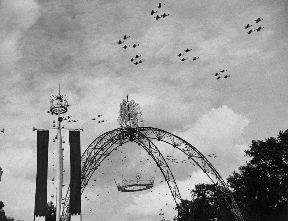 Royal Air Force (RAF) planes fly over London, on May 30, 1953, during rehearsals for the coronation ceremony of Queen Elizabeth II