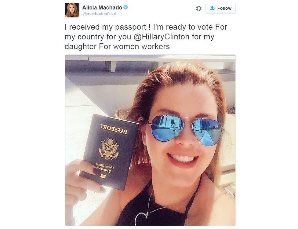 Screen grab of tweet posted by Alicia Machado which reads: "I received my passport" I'm ready to vote for my country, for you Hillary Clinton, for my daughter, for women workers"