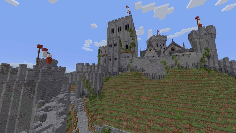 Corfe Castle rebuilt in Minecraft.