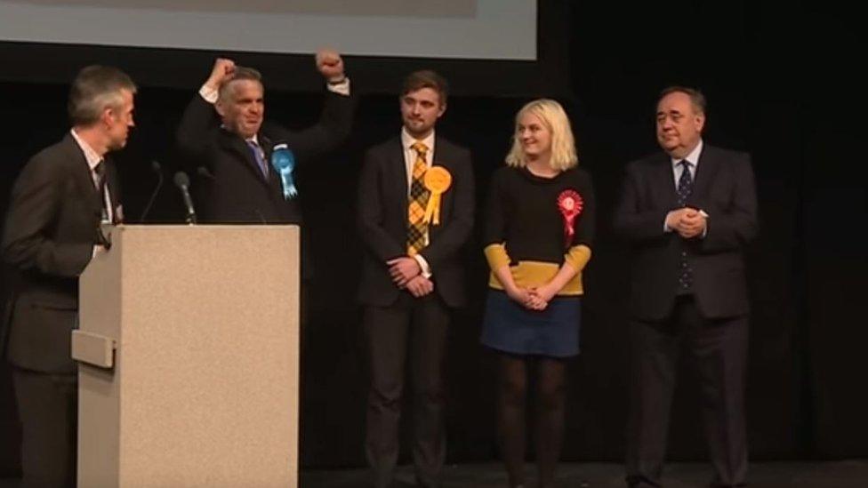 Colin Clark celebrates beating Alex Salmond