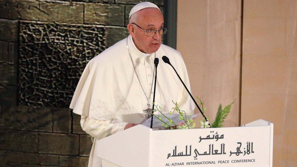 Pope Francis speaks during his meeting with Ahmed al-Tayeb, Grand Imam of Egypt's al-Azhar Institution in Cairo, Friday 28 April 2017