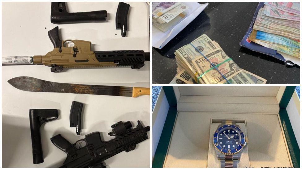 Three photos, one showing two automatic rifles and a machete, another showing stacks of cash, including American 50 dollar bills and UK notes, and a third showing a silver and gold band and turquoise face rolex watch in a paddled box display