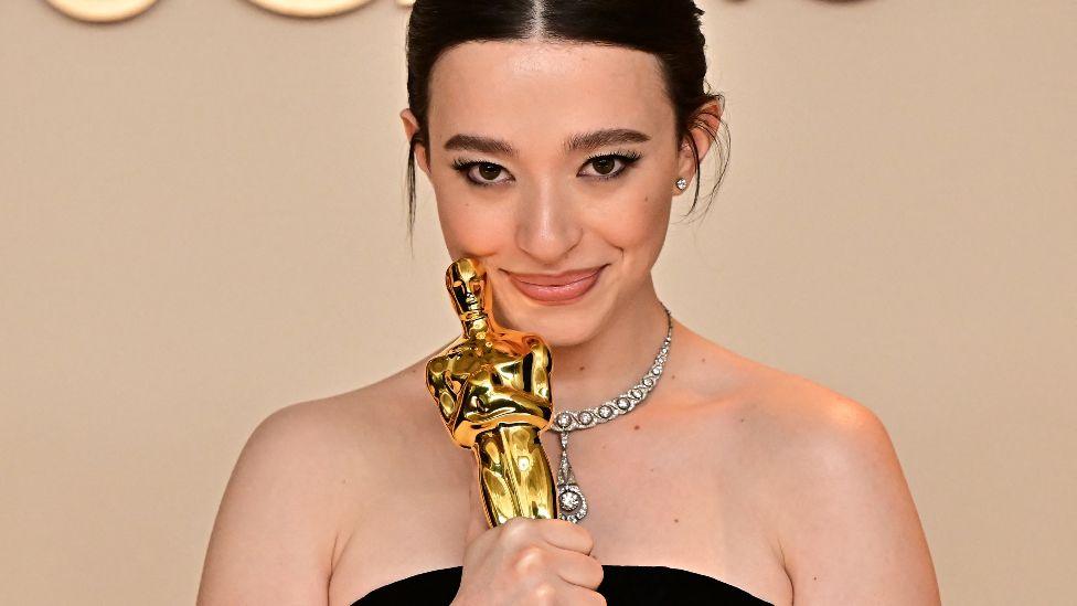 US actress Mikey Madison poses in the press room with the Oscar for Best Actress in a Leading Role for "Anora" during the 97th Annual Academy Awards at the Dolby Theatre in Hollywood, California on March 2, 2025