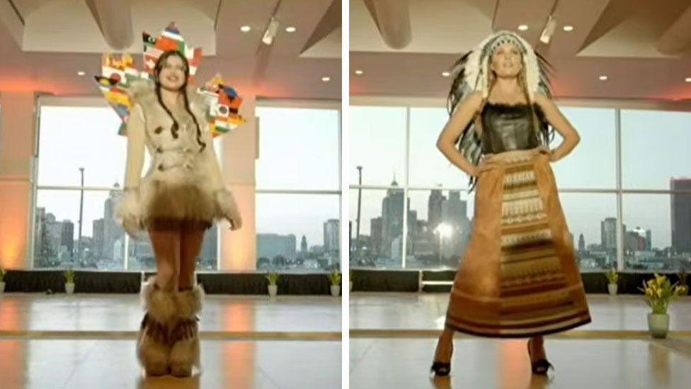 A split image of two women wearing costumes posing on a runway