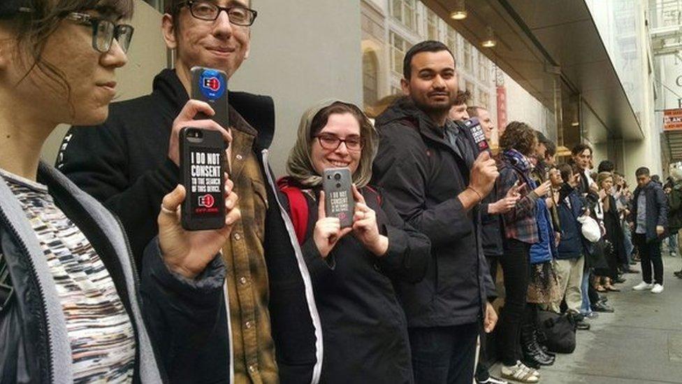 Apple fans outside San Francisco Apple store