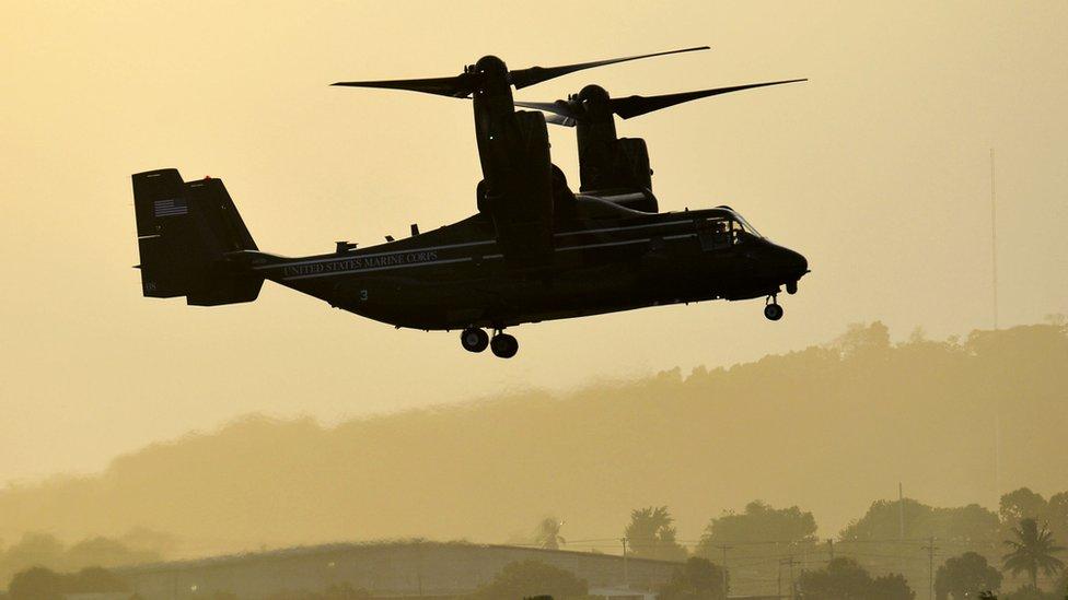 View of a US Bell Boeing V-22 Osprey aircraft ready to land in Tocumen International Airport, in Panama City, on April 9, 2015,