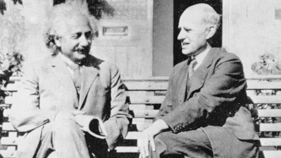 Albert Einstein (left) and Arthur Stanley Eddington (right) at the University of Cambridge Observatory, UK. Photo: 1930