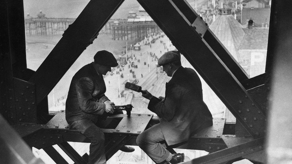 workers repairing blackpool tower