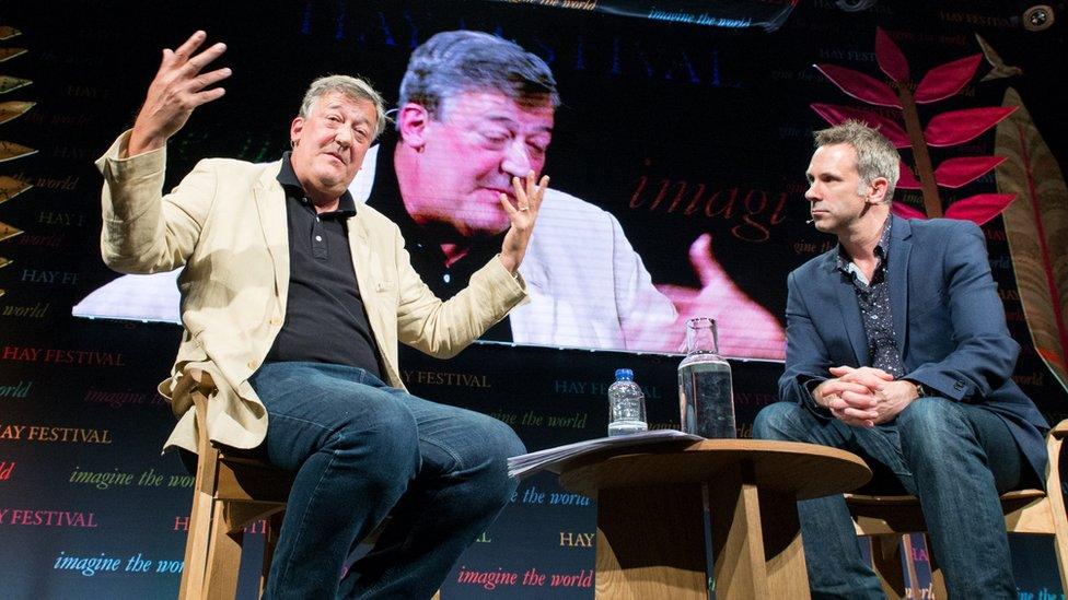 Stephen Fry delivering lecture at Hay Festival