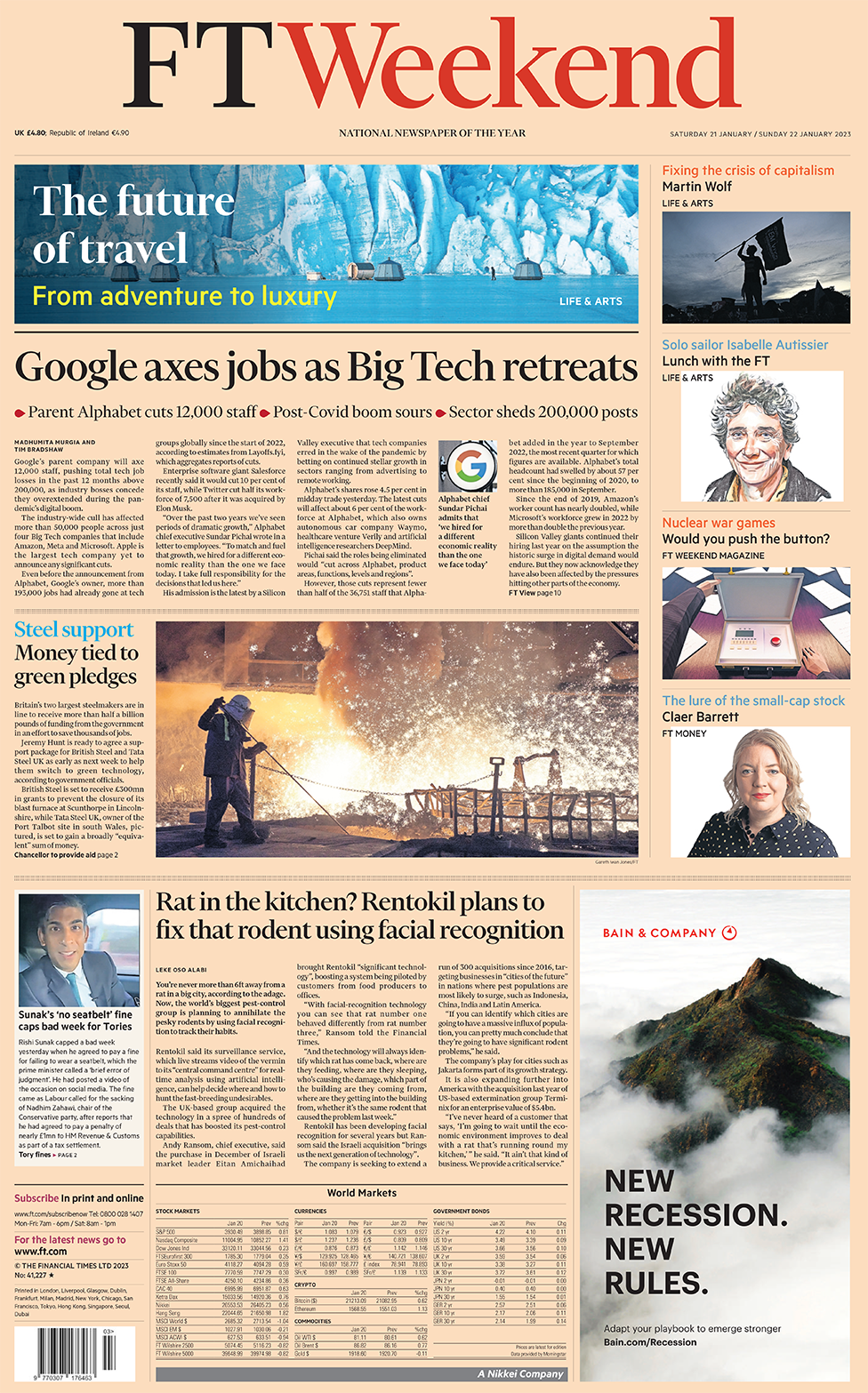 Rishi Sunak makes an appearance on the front page after he was fined for not wearing a seatbelt. Elsewhere, there's a picture of a steelworker next to the story about the government giving funding to British Steel and Tata Steel UK