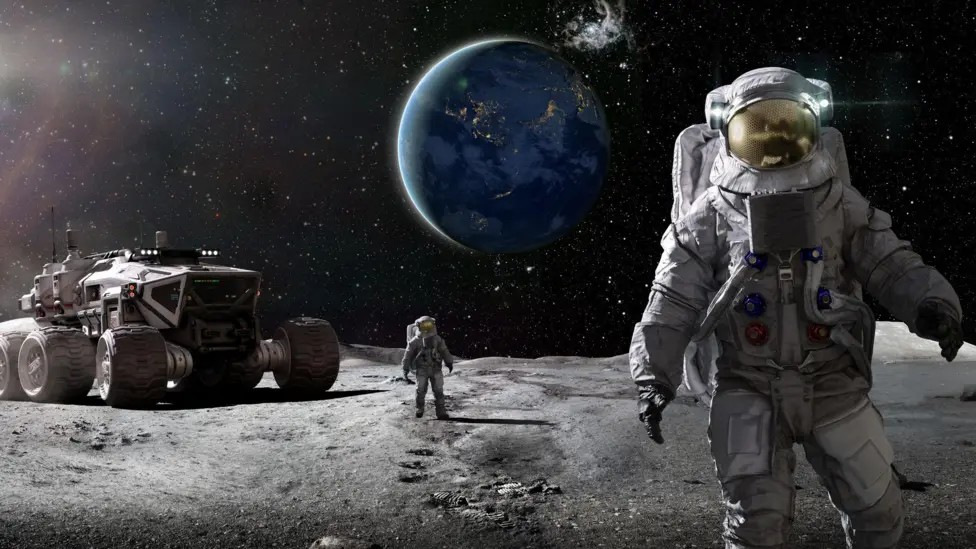 An artists impression of a rover and two astronauts on the lunar surface.