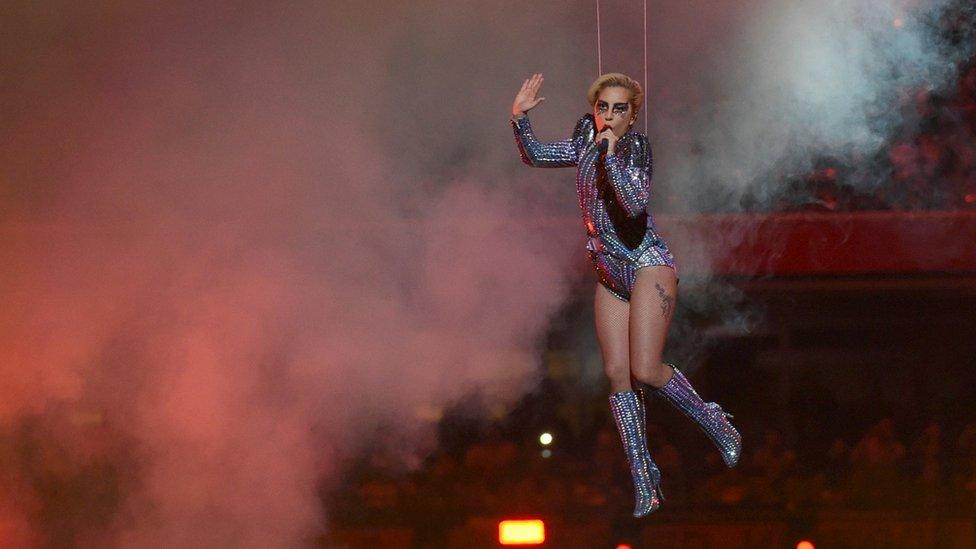 Lady Gaga performing at the Superbowl