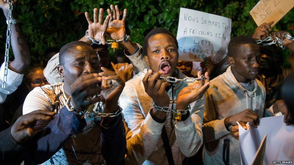 Protesters outside the Libyan embassy in the Moroccan capital Rabat this month