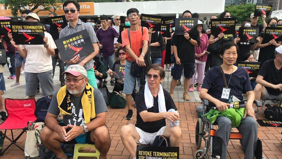 A rally in Hong Kong to support Cathay Pacific workers on 28 August