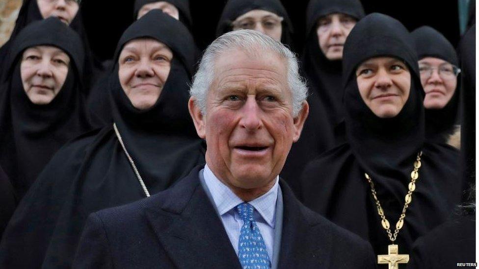 Prince Charles with nuns during a visit in Russian Orthodox Church of Mary Magdalene on the Mount of Olives in Jerusalem